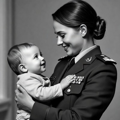 Female officer holding smiling baby