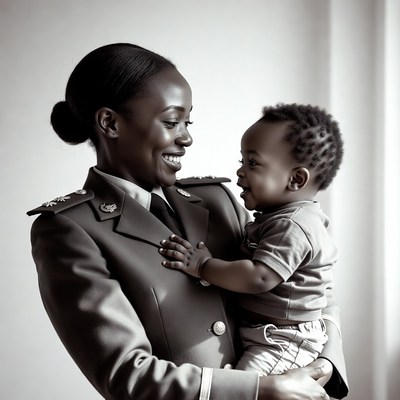 African-American woman soldier holding baby