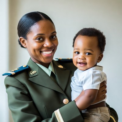 African-American woman in military uniform holding baby