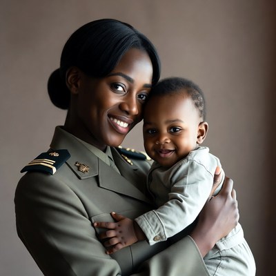 African-American woman in uniform holding baby
