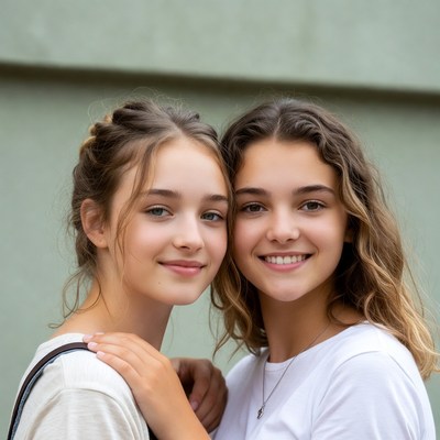 Two smiling teenage girls embracing