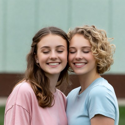 Two smiling teenage girls hugging