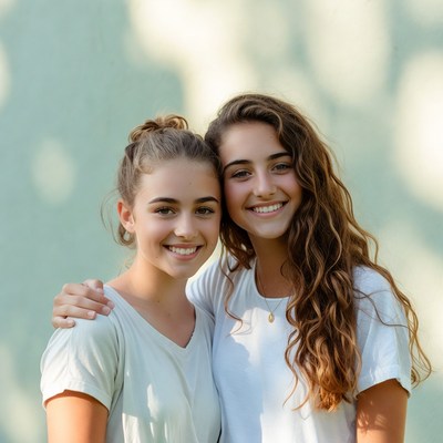 Two smiling teenage girls embracing