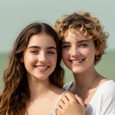 Two smiling teenage girls embracing