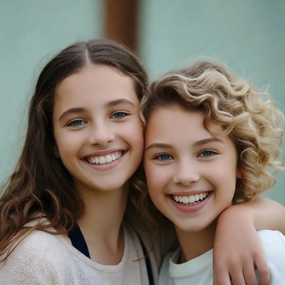 Two smiling teenage girls hugging