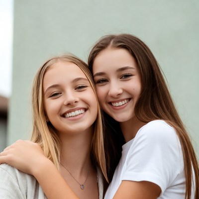 Two smiling girls hugging outdoors