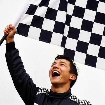 Asian man waving checkered flag