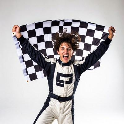 Young man waving checkered flag