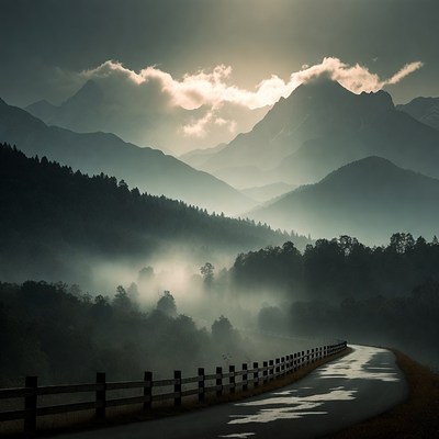 Misty Mountain Road with Sunburst