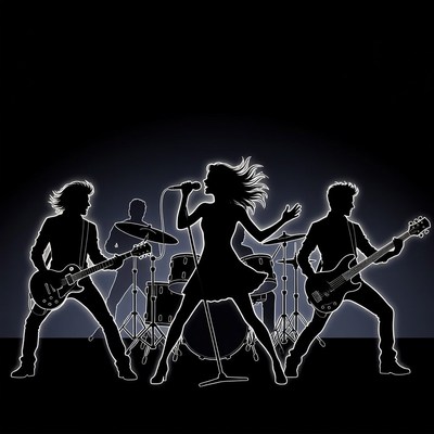 Rock band silhouettes performing on stage