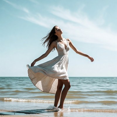 Woman twirling in white dress on beach