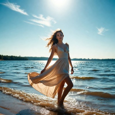 Woman in flowing dress at lakeshore