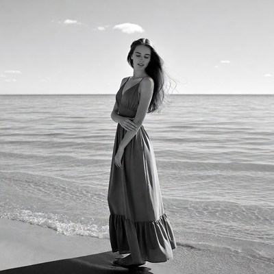 Woman in long dress on beach