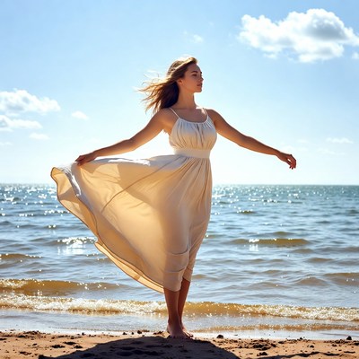 Woman in flowing white dress on beach