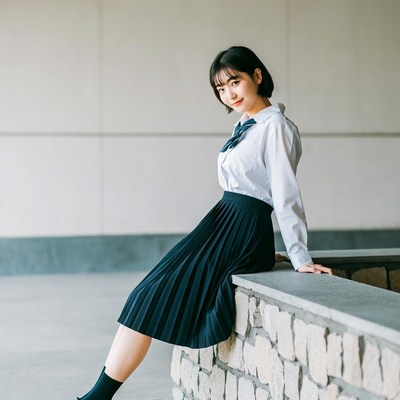 Asian girl in school uniform sitting