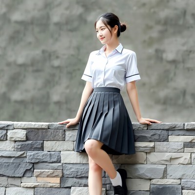 Asian girl in school uniform leaning on wall