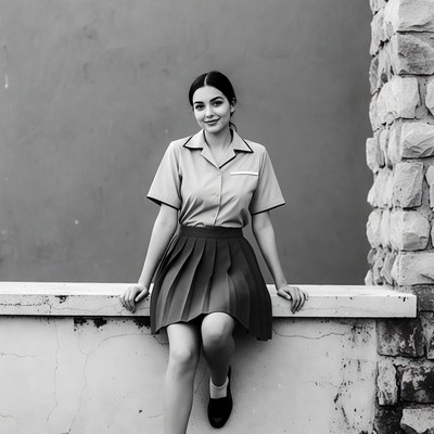 Girl in school uniform sitting on wall