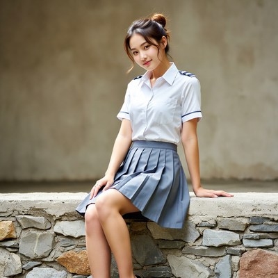 Asian girl in school uniform sitting on wall