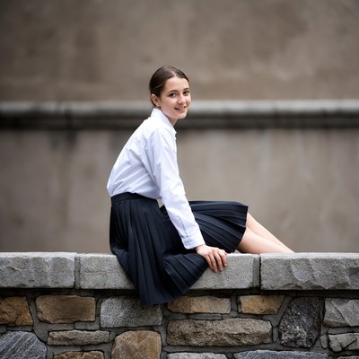 Girl in school uniform on stone wall