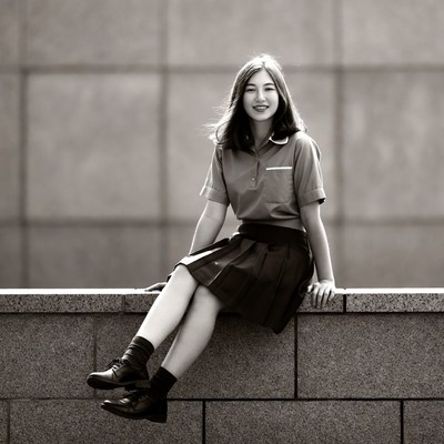 Asian girl sitting on wall