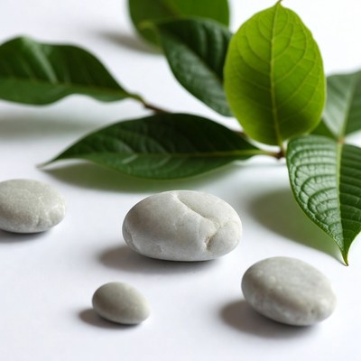 Gray pebbles and green leaves