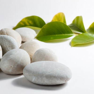 White pebbles with green leaves
