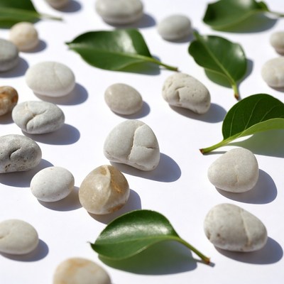 White pebbles and green leaves