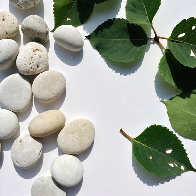 White pebbles and green leaves