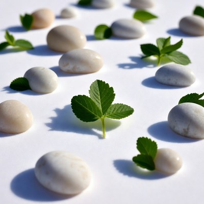 White pebbles and green mint leaves