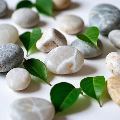 Pebbles and Green Leaves