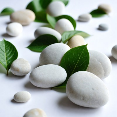 White pebbles and green leaves