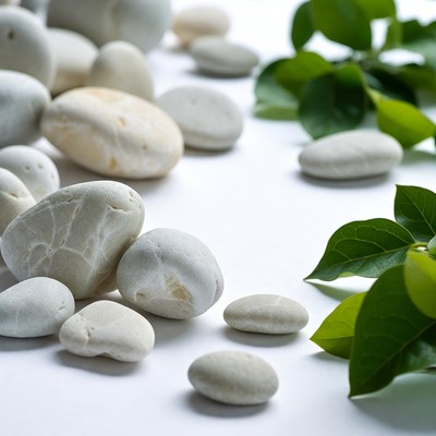 Smooth Pebbles and Green Leaves