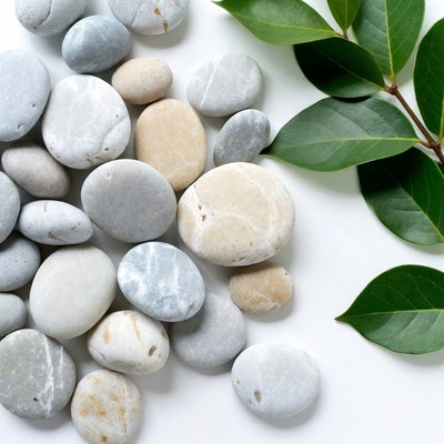 Pebbles and green leaves