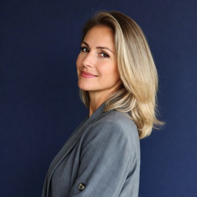 Blonde woman in gray blazer