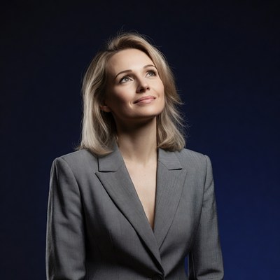 Blonde woman looking up in suit
