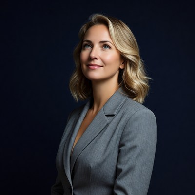 Blonde woman in gray suit