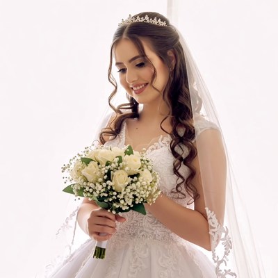 Bride holding white rose bouquet