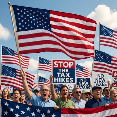 Crowd protesting tax hikes with American flags