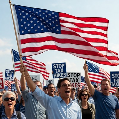Crowd Protesting Tax Hikes with American Flags