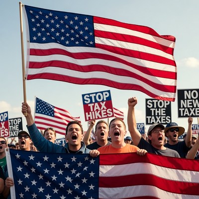 Men protesting tax hikes with American flags