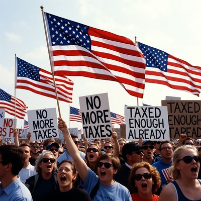 Crowd protesting high taxes with flags