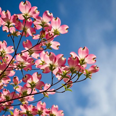 Pink Dogwood Flowers Against Blue Sky