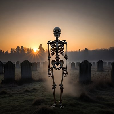 Skeleton standing in foggy cemetery sunset