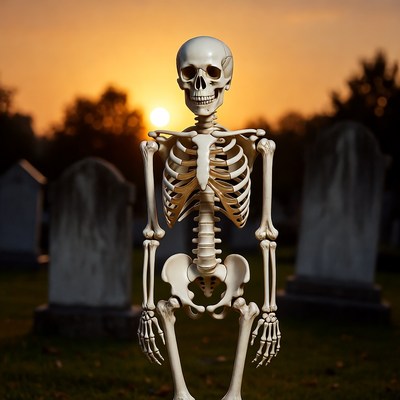 Skeleton standing in graveyard at sunset