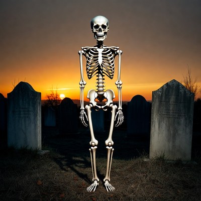 Skeleton standing in graveyard sunset