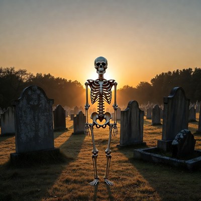 Skeleton standing in cemetery at sunset