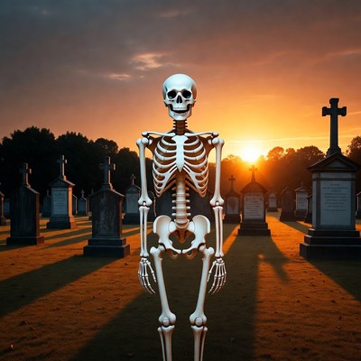 Skeleton Standing in Cemetery at Sunset