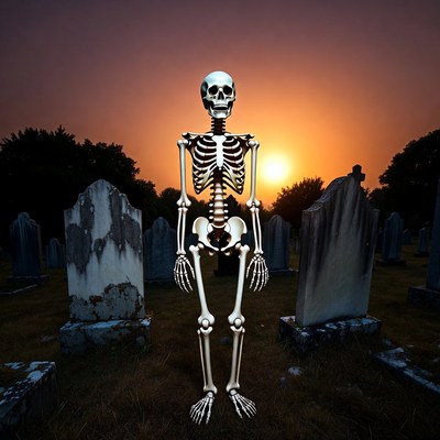 Skeleton standing in graveyard sunset