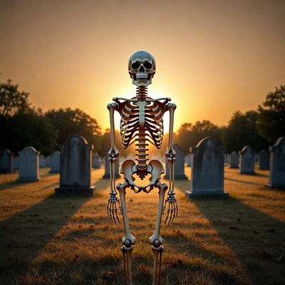 Skeleton standing in graveyard at sunset