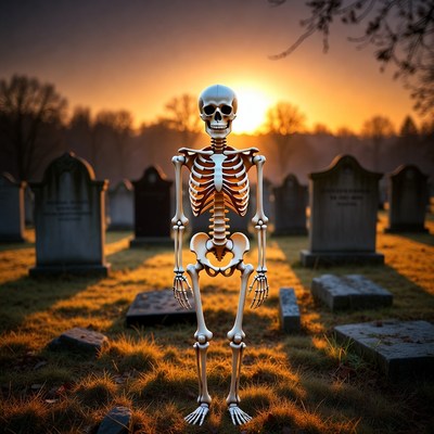 Skeleton standing in graveyard sunset